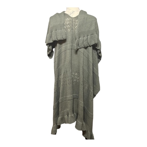 Tea Green Chunky Open Knit Ruffle Shawl Wrap Lagenlook Winter Layering Piece OS - Picture 15 of 15